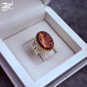 انگشتر نقره مردانه عقیق سرخ دورنگ حکاکی یا زهرا
