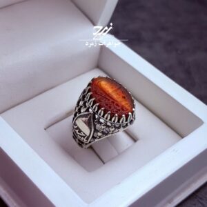 انگشتر نقره مردانه عقیق خطی سرخ دو رنگ حکاکی یا زینب